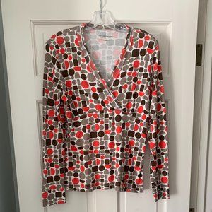 2/$25 Liz Claiborne Brown/Tan/Coral Geometric LS Top - Size Medium